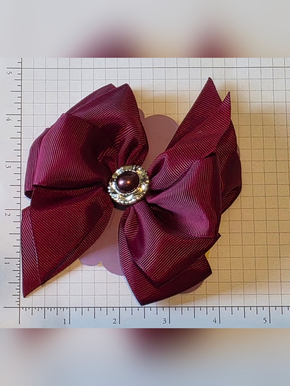 Layered Burgundy/Plum Bow Hair Clip with Pearl Accent